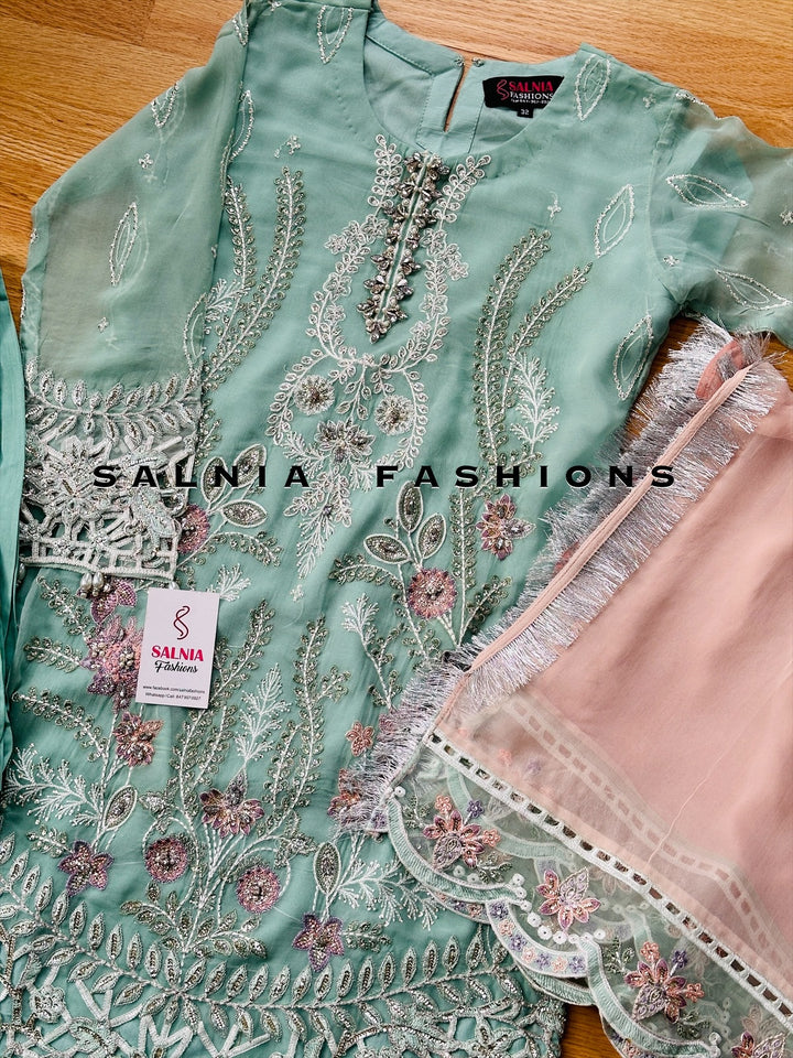 EMBROIDERED CHIFFON KIDS 3-PC SUIT BLUE/PINK ALKD08