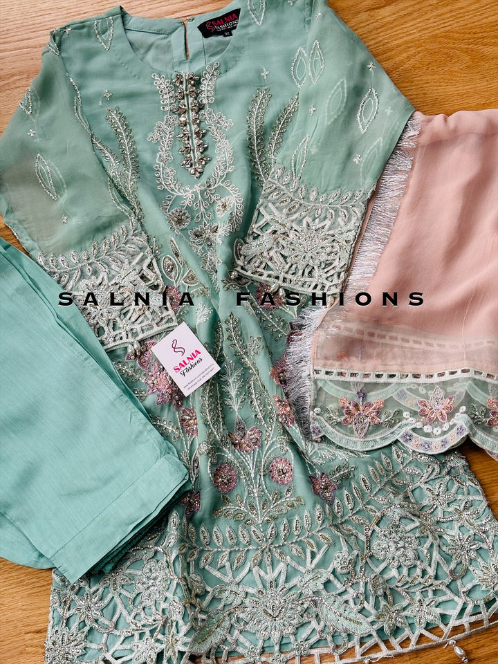 EMBROIDERED CHIFFON KIDS 3-PC SUIT BLUE/PINK ALKD08