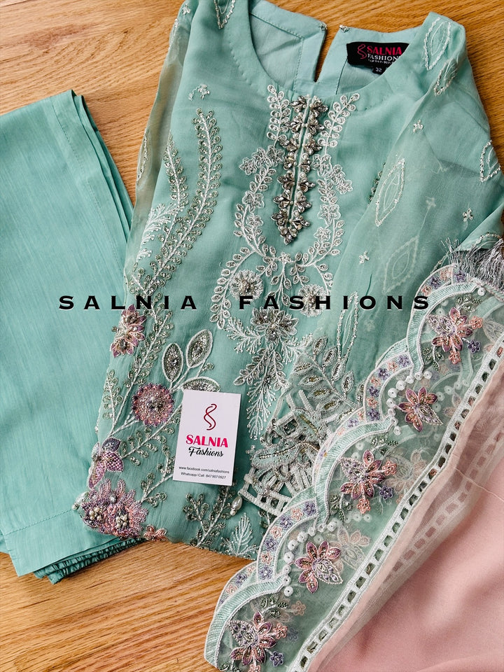 EMBROIDERED CHIFFON KIDS 3-PC SUIT BLUE/PINK ALKD08
