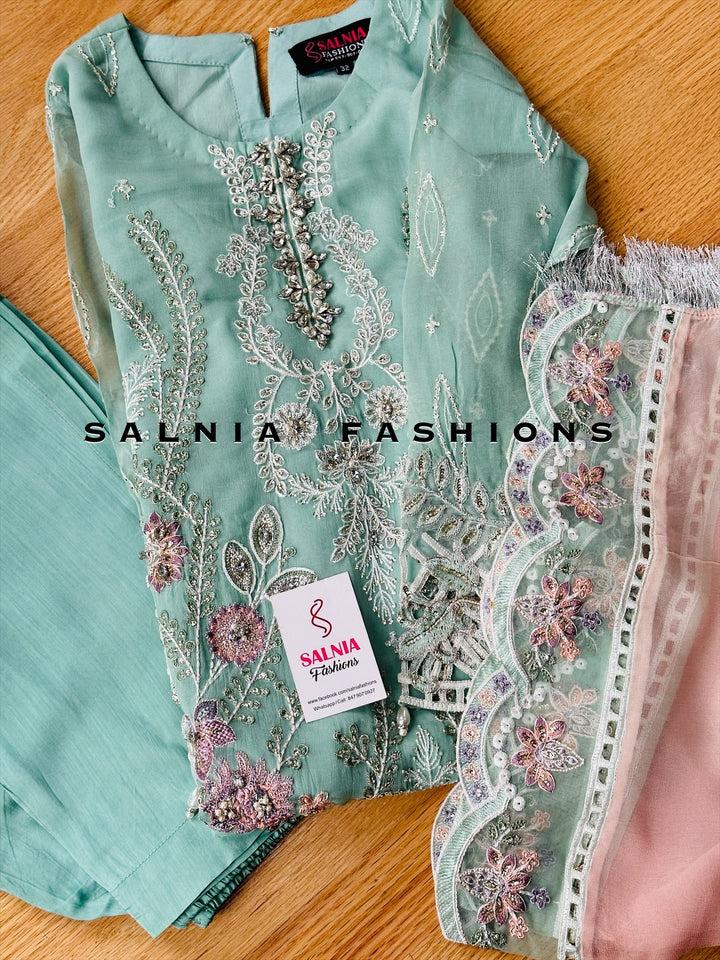 EMBROIDERED CHIFFON KIDS 3-PC SUIT BLUE/PINK ALKD08