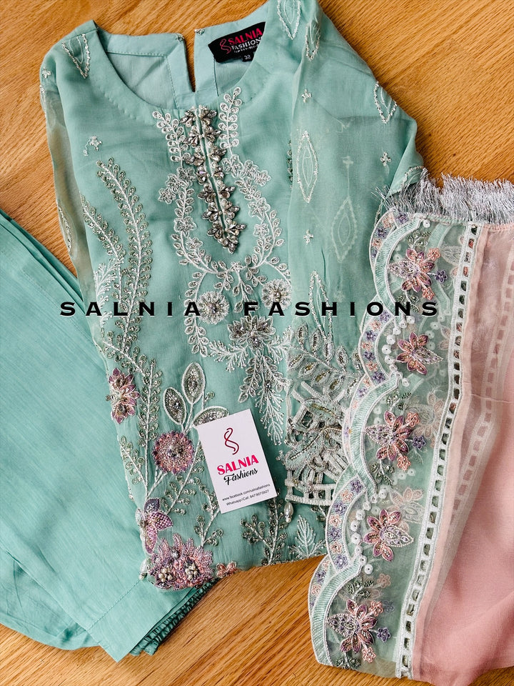 EMBROIDERED CHIFFON KIDS 3-PC SUIT BLUE/PINK ALKD08