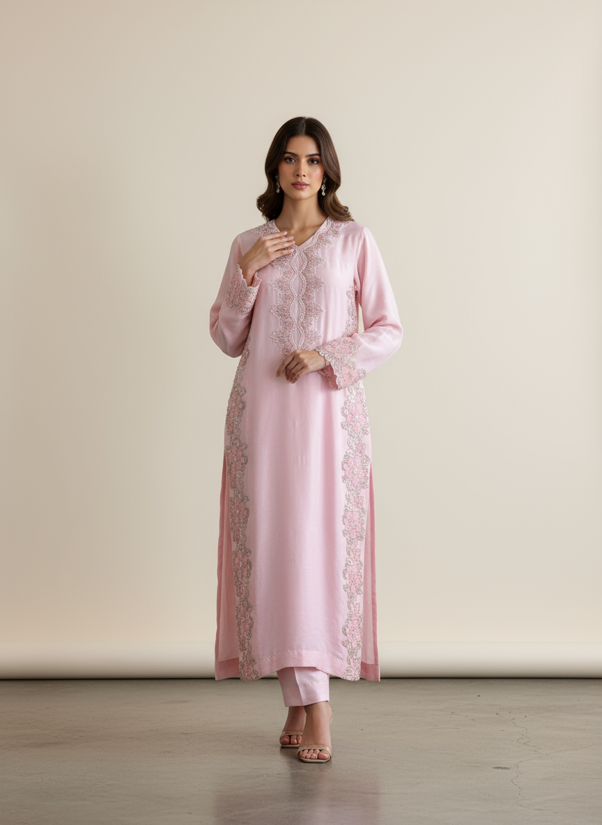 Model wearing pink embroidered outfit