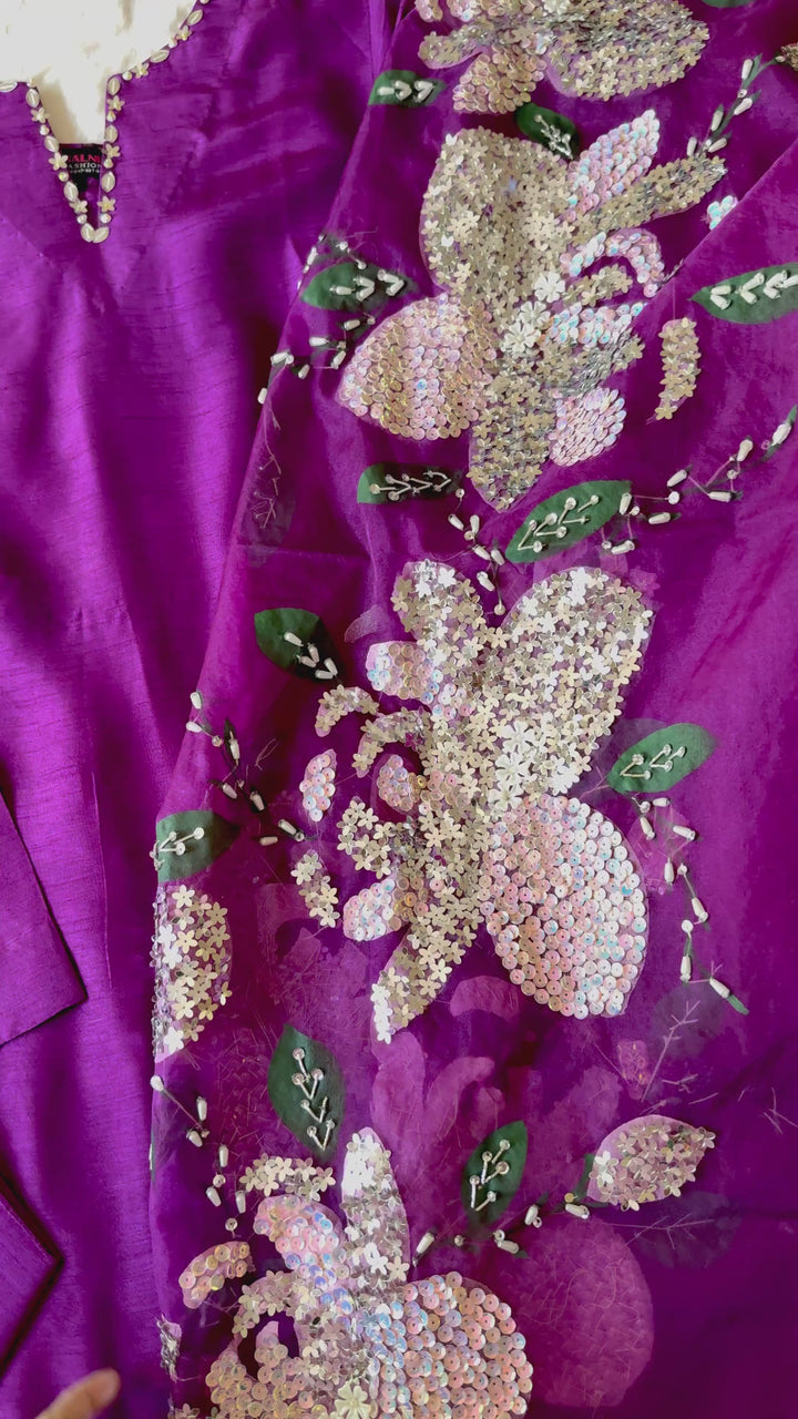 PURE RAW SILK HAND PAINTED FARSHI SHALWAR  SUIT SFHP21