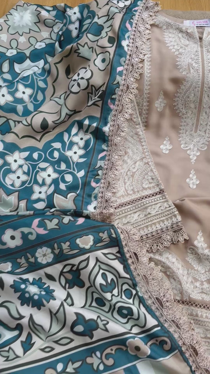 EMBROIDERED LINEN SUIT WITH WOOLEN SHAWL SFLN03