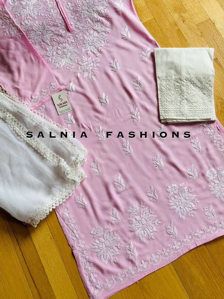 CHIKANKARI LINEN SHIRT BABY PINK