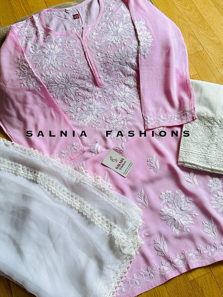 CHIKANKARI LINEN SHIRT BABY PINK