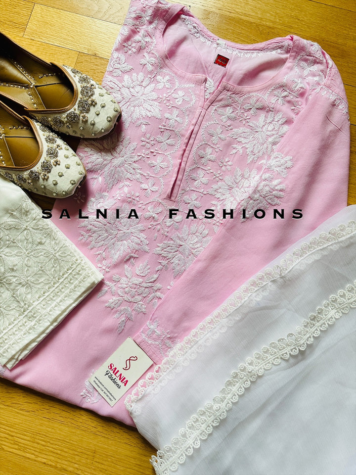 CHIKANKARI LINEN SHIRT BABY PINK